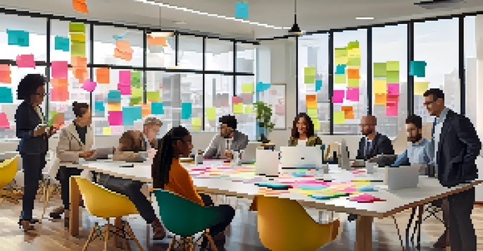 A diverse group of professionals, including men and women of different ethnicities and ages, collaborating in a bright modern office filled with sticky notes and laptops.