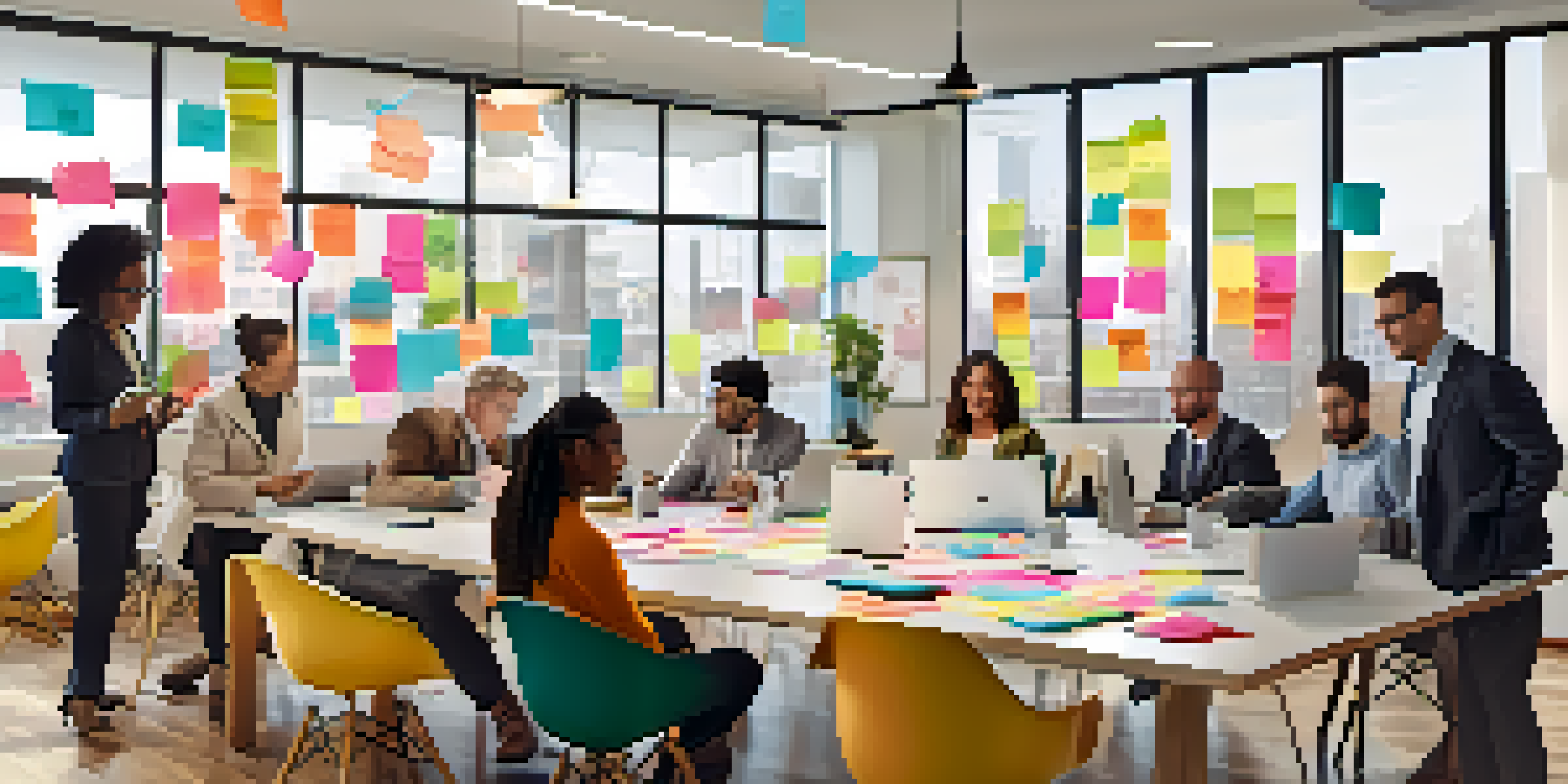 A diverse group of professionals, including men and women of different ethnicities and ages, collaborating in a bright modern office filled with sticky notes and laptops.