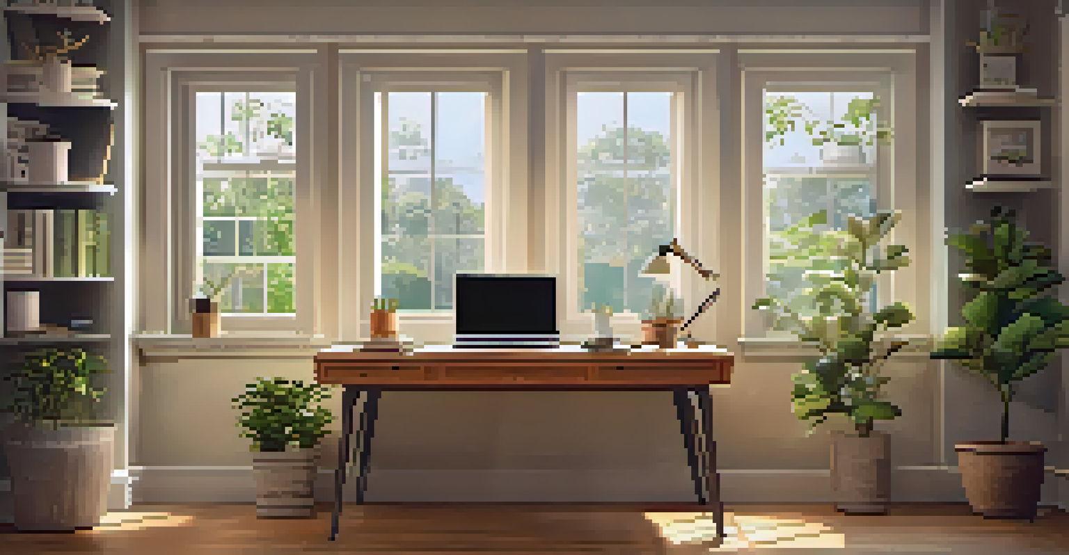 A cozy home office with a laptop, coffee mug, and a view of a garden through the window, illuminated by soft lighting.