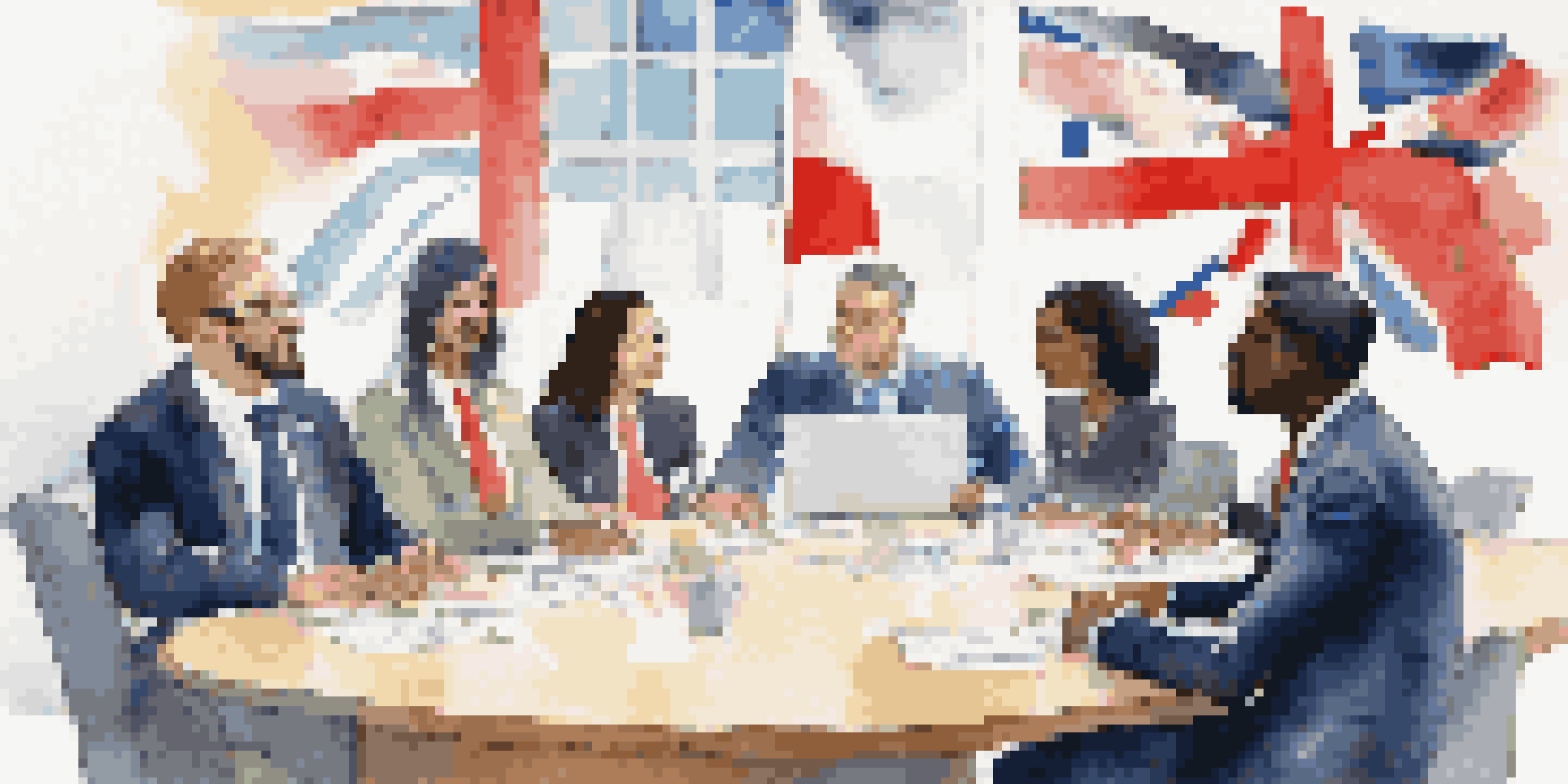 A diverse group of professionals discussing ethics in international business at a conference table, surrounded by flags of different countries.