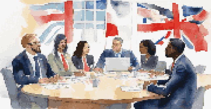 A diverse group of professionals discussing ethics in international business at a conference table, surrounded by flags of different countries.