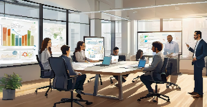 A diverse team in a bright office space collaborating on competitive analysis, surrounded by charts and notes.