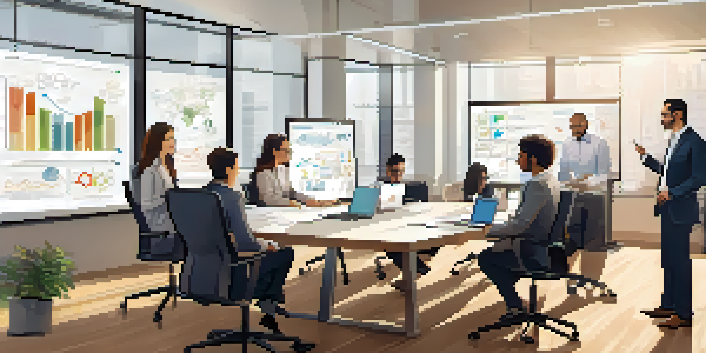 A diverse team in a bright office space collaborating on competitive analysis, surrounded by charts and notes.