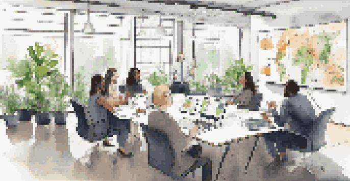 A diverse group of professionals engaged in a meeting with laptops and notepads, discussing business continuity planning with graphs on a screen.