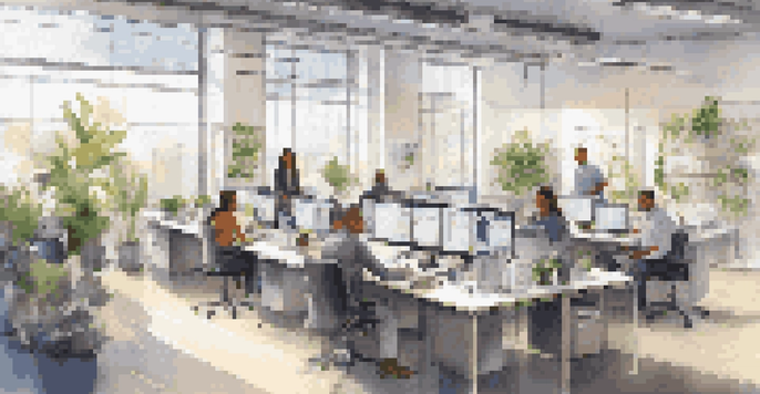 A diverse group of employees participating in a training session in a modern office filled with technology and natural light.