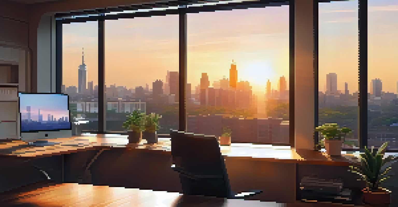 A modern office with a city skyline view at sunset, featuring a desk with a laptop and a potted plant.