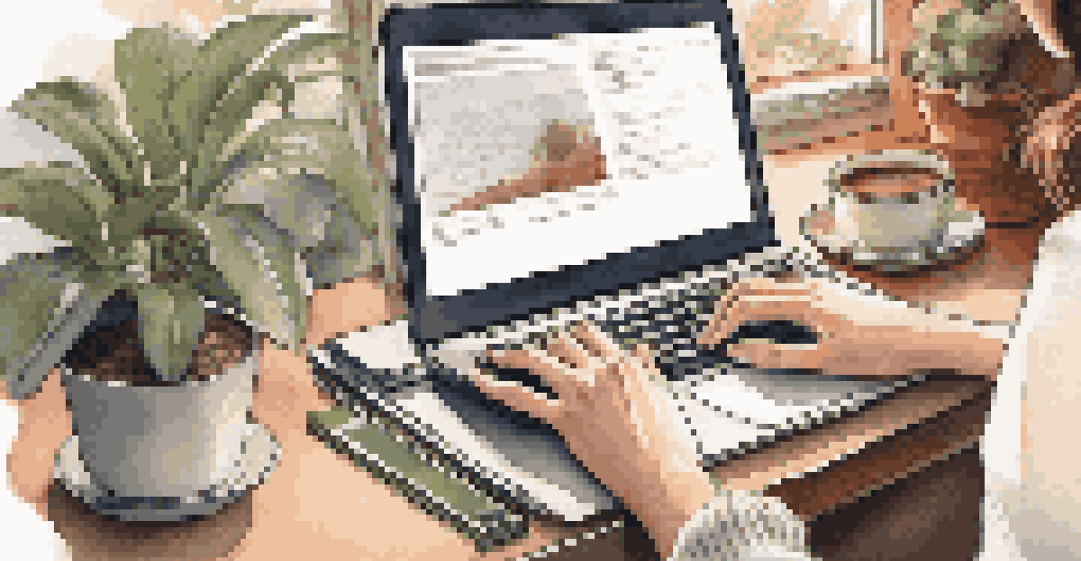 Close-up of a woman's hands typing on a laptop, with a notebook and coffee cup on a modern desk.