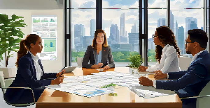 A group of diverse professionals in a bright office discussing succession planning, with a whiteboard and city view.