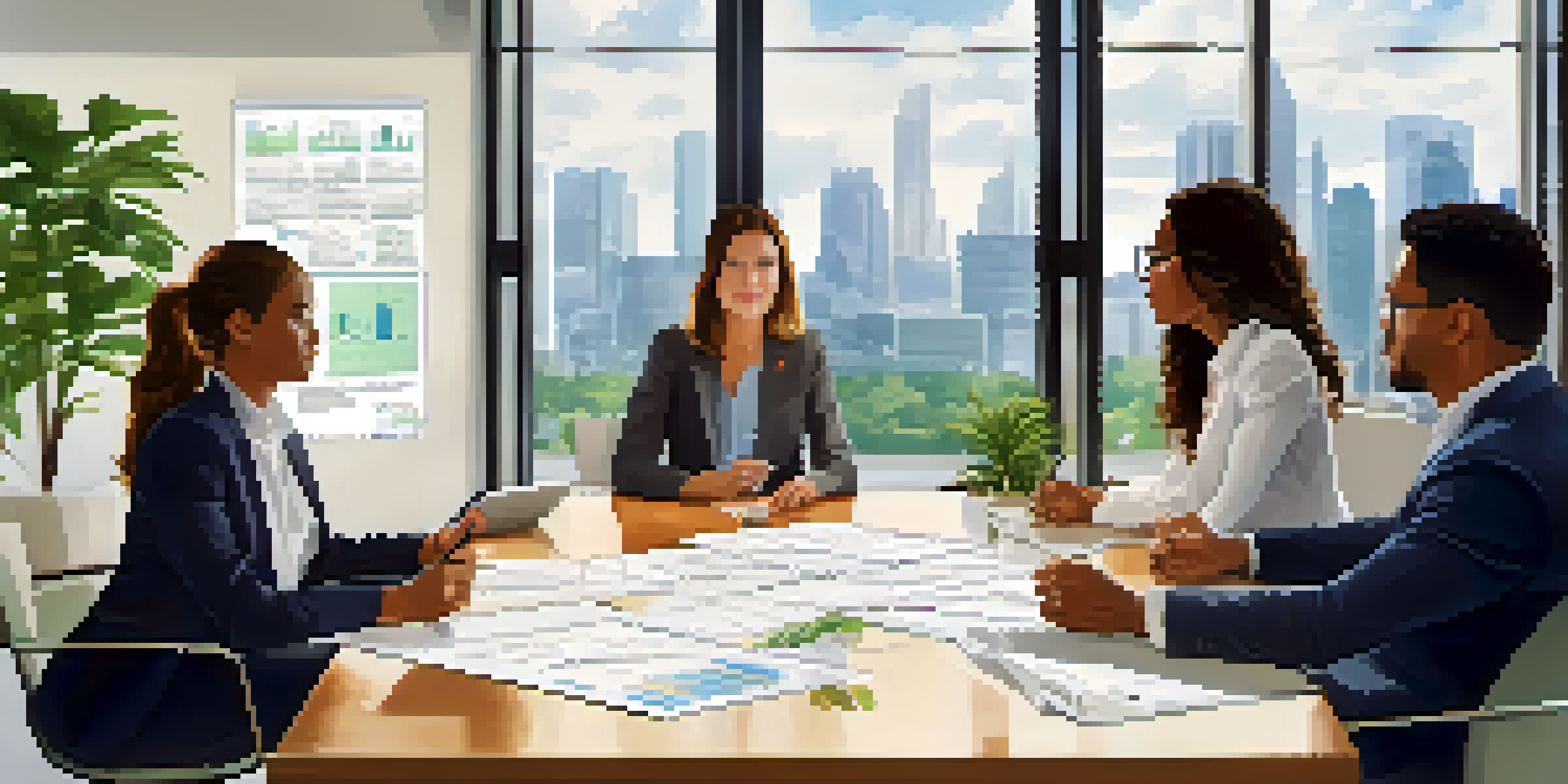 A group of diverse professionals in a bright office discussing succession planning, with a whiteboard and city view.