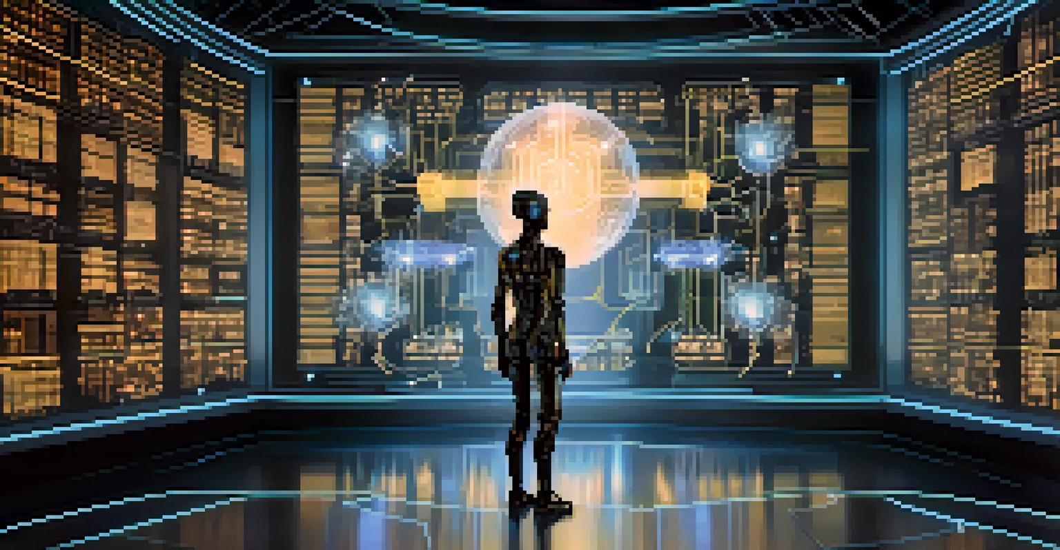 A humanoid robot interacting with digital data streams in a futuristic setting, symbolizing artificial intelligence in business.
