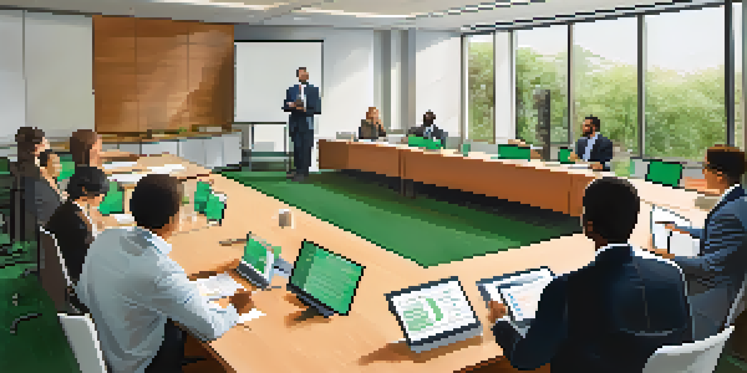 A diverse group of professionals in a bright office participating in a compliance training session, with a projector displaying information.