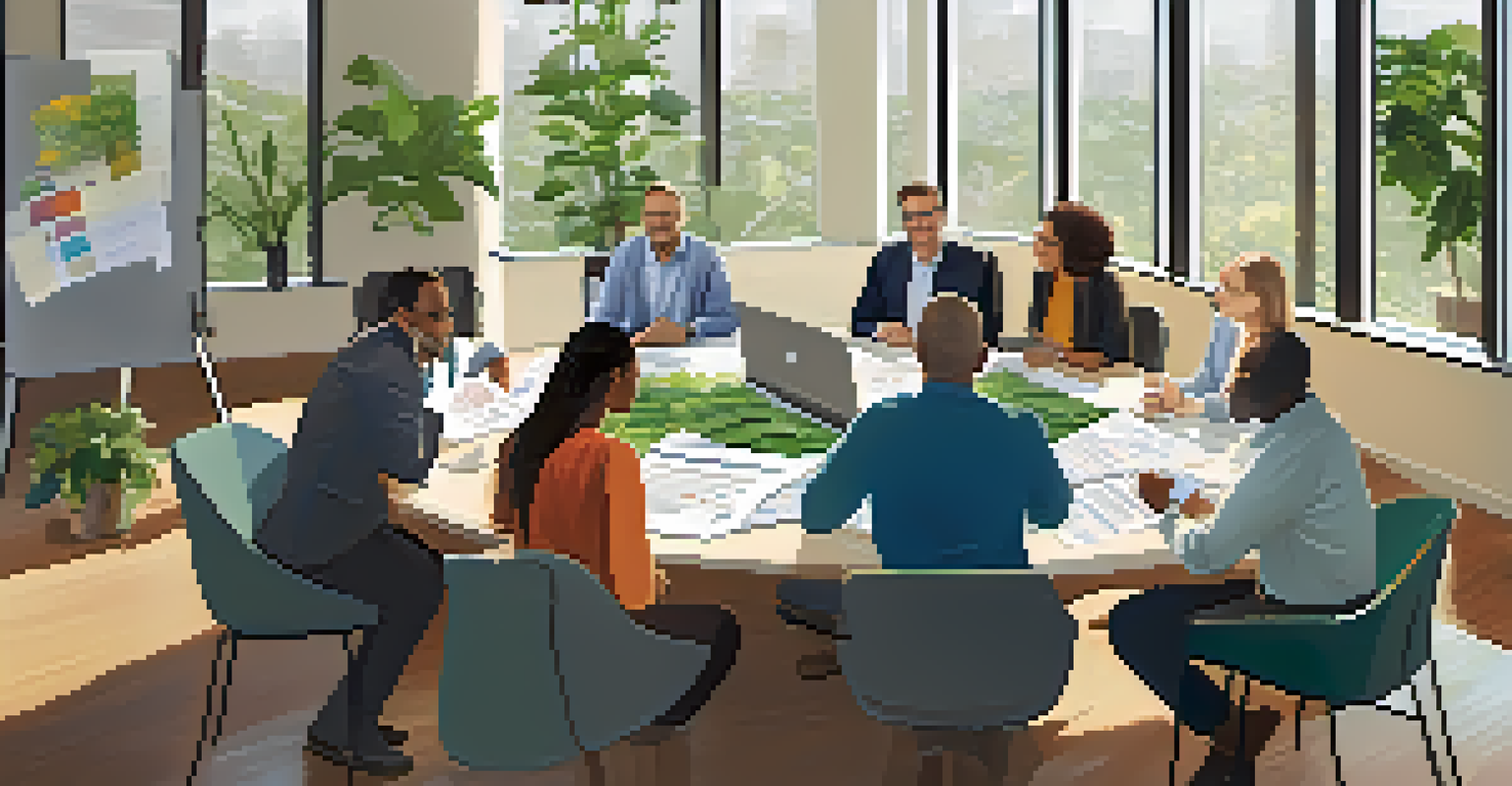 A group of diverse professionals collaborating in an office on impact investing, with charts and natural light coming through windows.