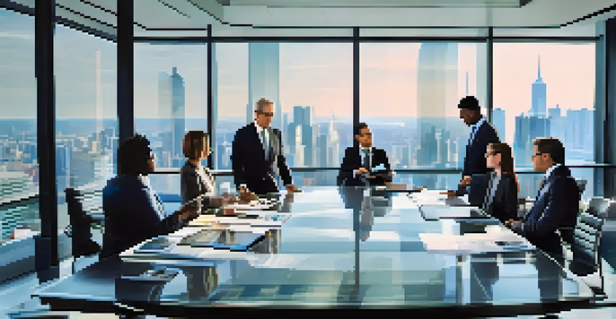 A diverse group of business professionals discussing ethical supply chain metrics around a conference table with a city skyline view.