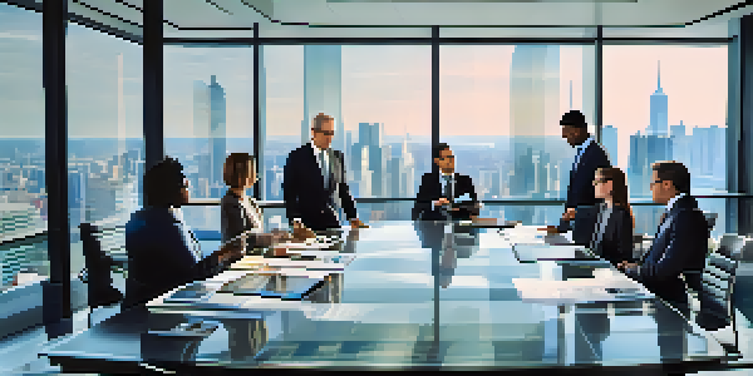 A diverse group of business professionals discussing ethical supply chain metrics around a conference table with a city skyline view.