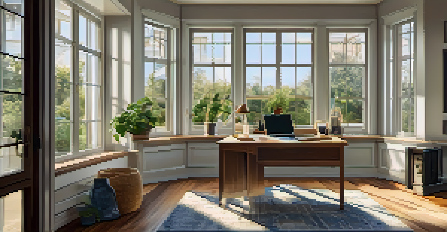 A cozy home office with a view of a garden, featuring a laptop on a desk and personal decor like family photos.