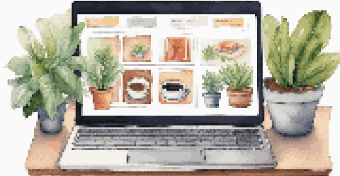A laptop displaying a modern website interface in a cozy workspace with a plant and coffee cup.
