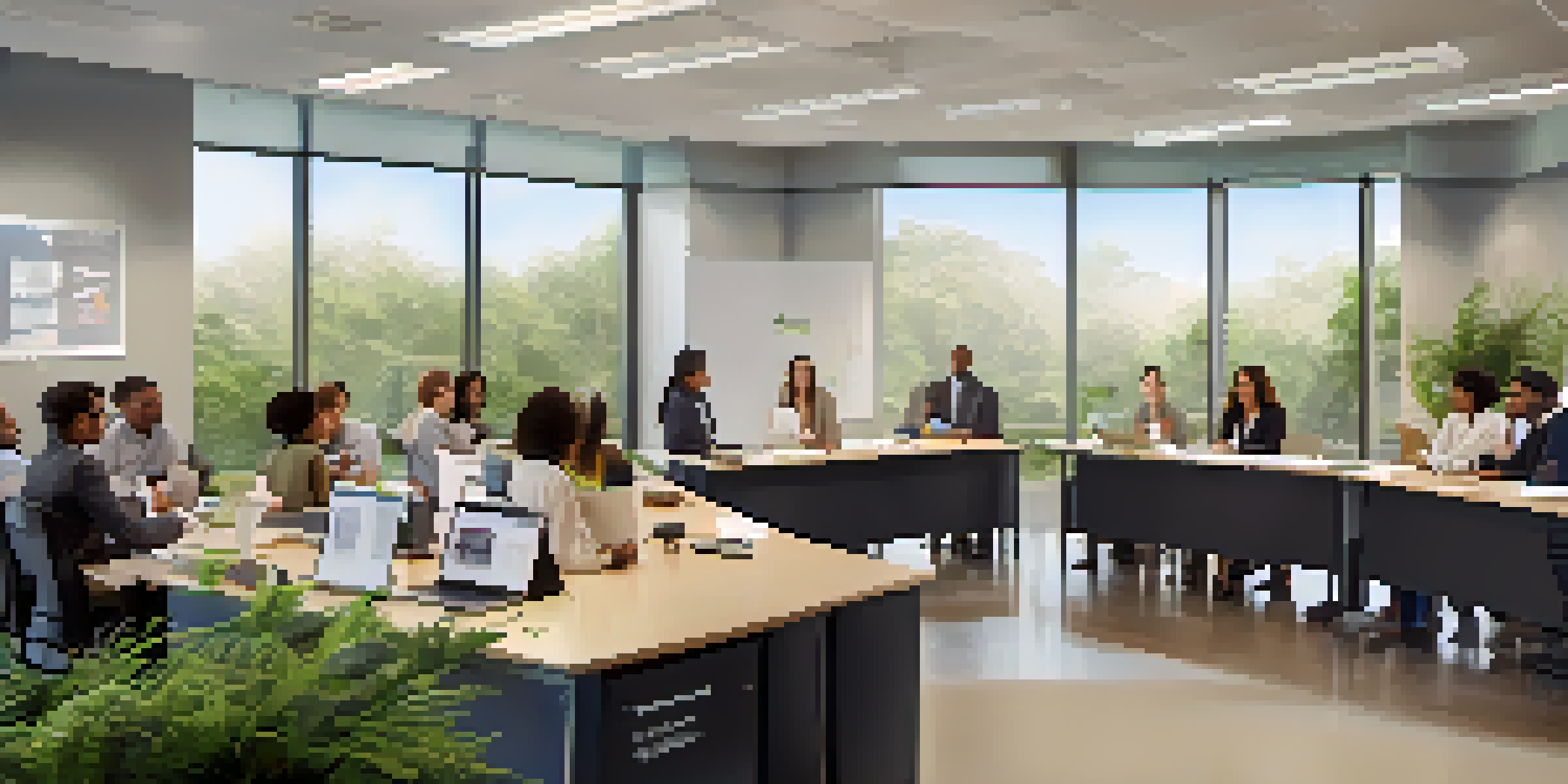 A diverse group of employees in a bright office participating in a compliance training session, with a projector displaying guidelines.