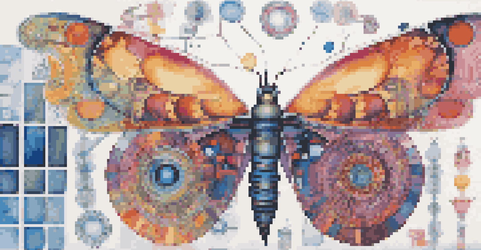 An abstract image showing a caterpillar transforming into a butterfly, surrounded by digital patterns and technology symbols, representing digital transformation.
