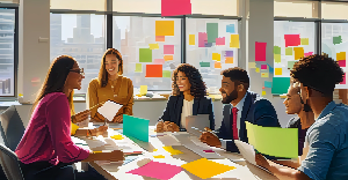 A diverse group of employees in a bright office collaborating on customer experience strategies, with modern technology and post-it notes visible.