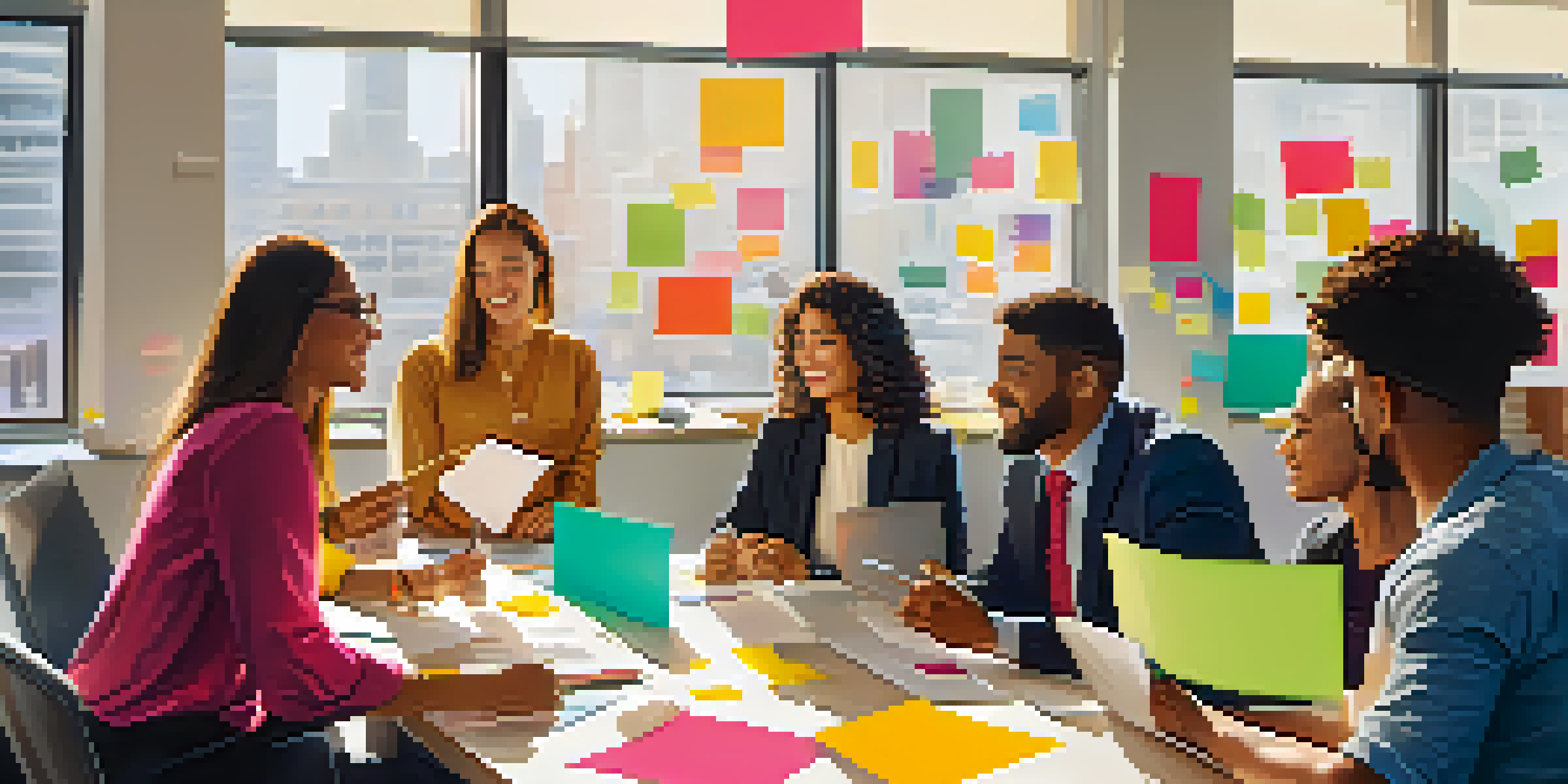 A diverse group of employees in a bright office collaborating on customer experience strategies, with modern technology and post-it notes visible.