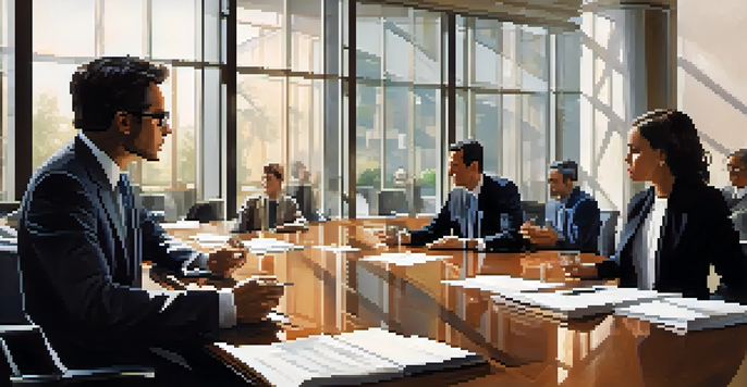 A diverse pair of professionals engaged in a tense business negotiation in a modern conference room, with expressions reflecting determination and optimism.