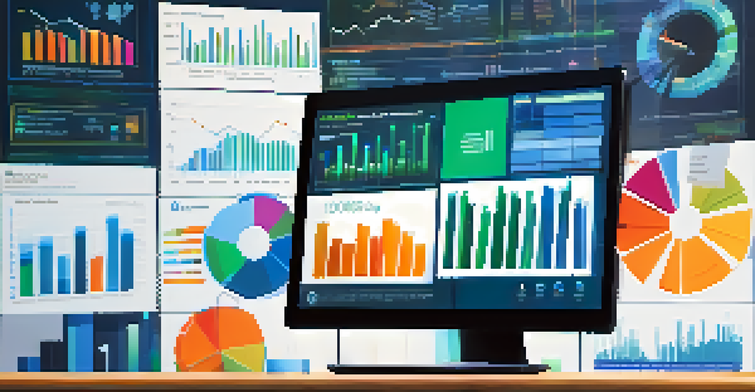 Close-up of a colorful data analytics dashboard displayed on a computer screen in a busy office.
