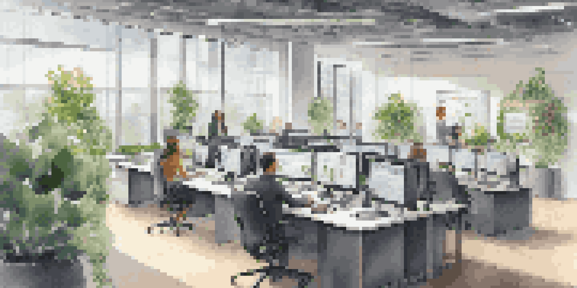 A modern office with employees working at high-tech workstations, large windows letting in natural light, and plants in the background.