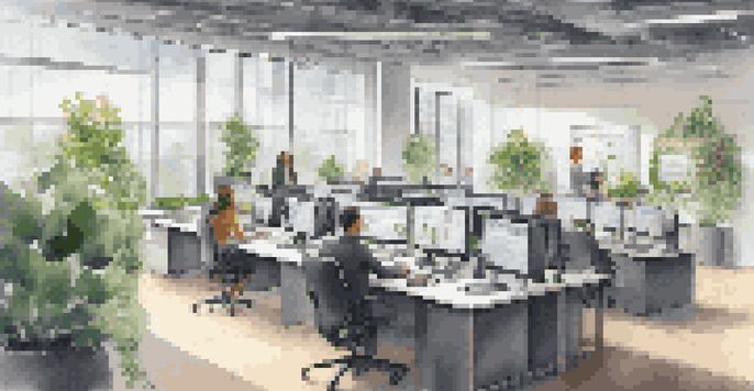 A modern office with employees working at high-tech workstations, large windows letting in natural light, and plants in the background.