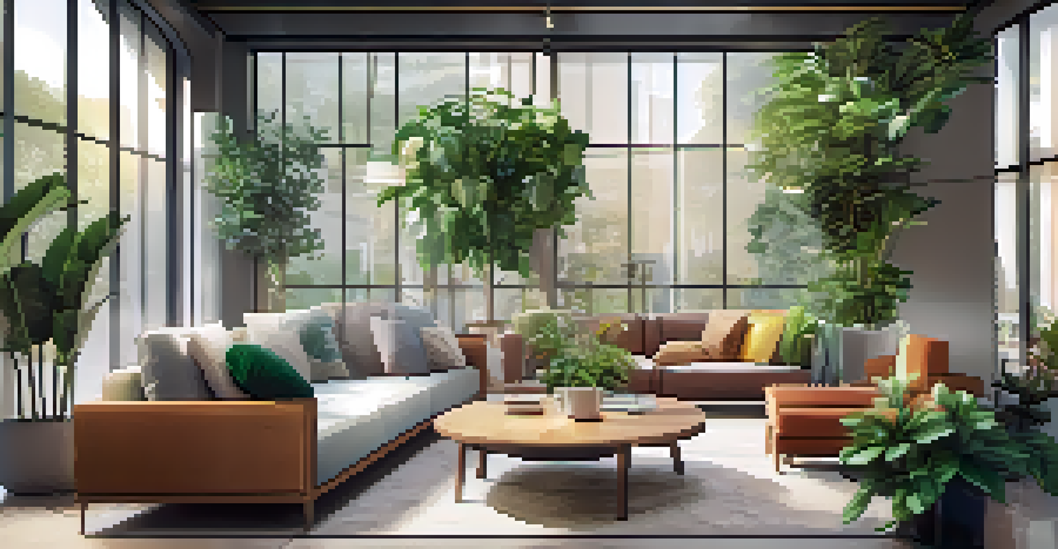 A cozy office space with comfortable seating and plants, where team members are smiling and sharing ideas in a warm environment.