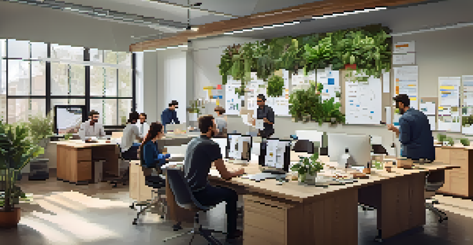 A diverse group of professionals collaborating in a modern office, surrounded by Agile tools and natural light.