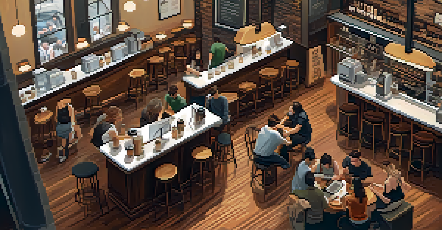 Overhead view of a lively coffee shop filled with customers and a barista at work.
