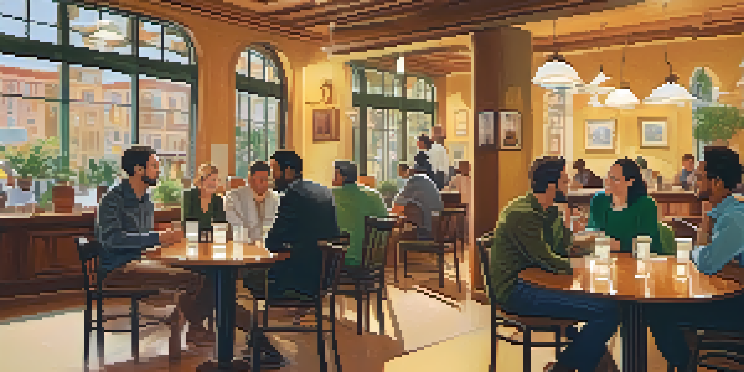 A cozy café with people having meaningful conversations at small round tables, surrounded by warm lighting and greenery.