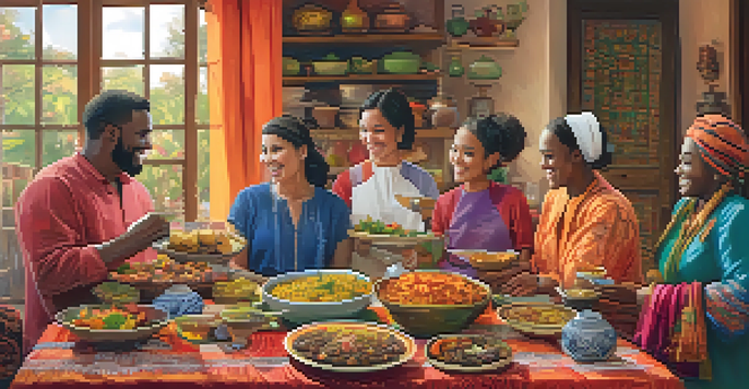 A group of diverse team members enjoying a cultural exchange day, sharing traditional dishes and engaging in lively conversation.