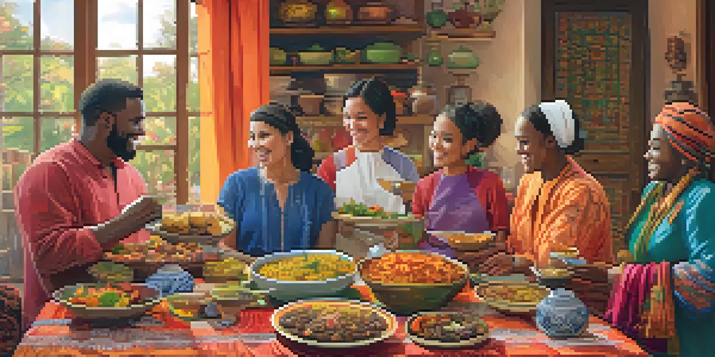 A group of diverse team members enjoying a cultural exchange day, sharing traditional dishes and engaging in lively conversation.