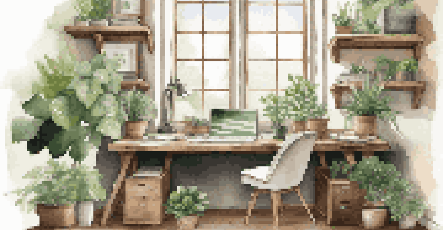 An eco-friendly workspace with a reclaimed wood desk, green plants, and natural light coming through a window, creating a warm and inviting atmosphere.
