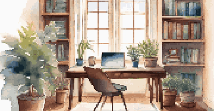 A peaceful home office with a wooden desk, laptop, potted plant, and morning light coming through a window.