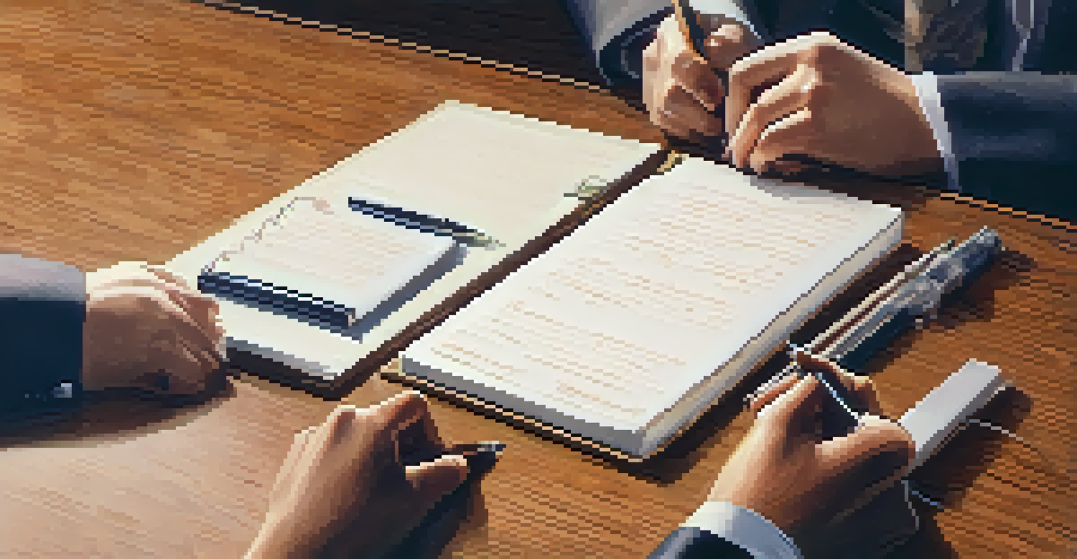A close-up of two individuals' hands on a table during a negotiation, with a notepad and a pen in the foreground.