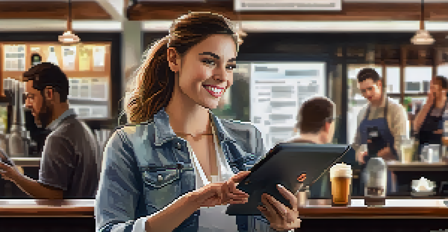 A customer intently filling out a feedback survey on a tablet, with a café scene blurred in the background, highlighting customer engagement.