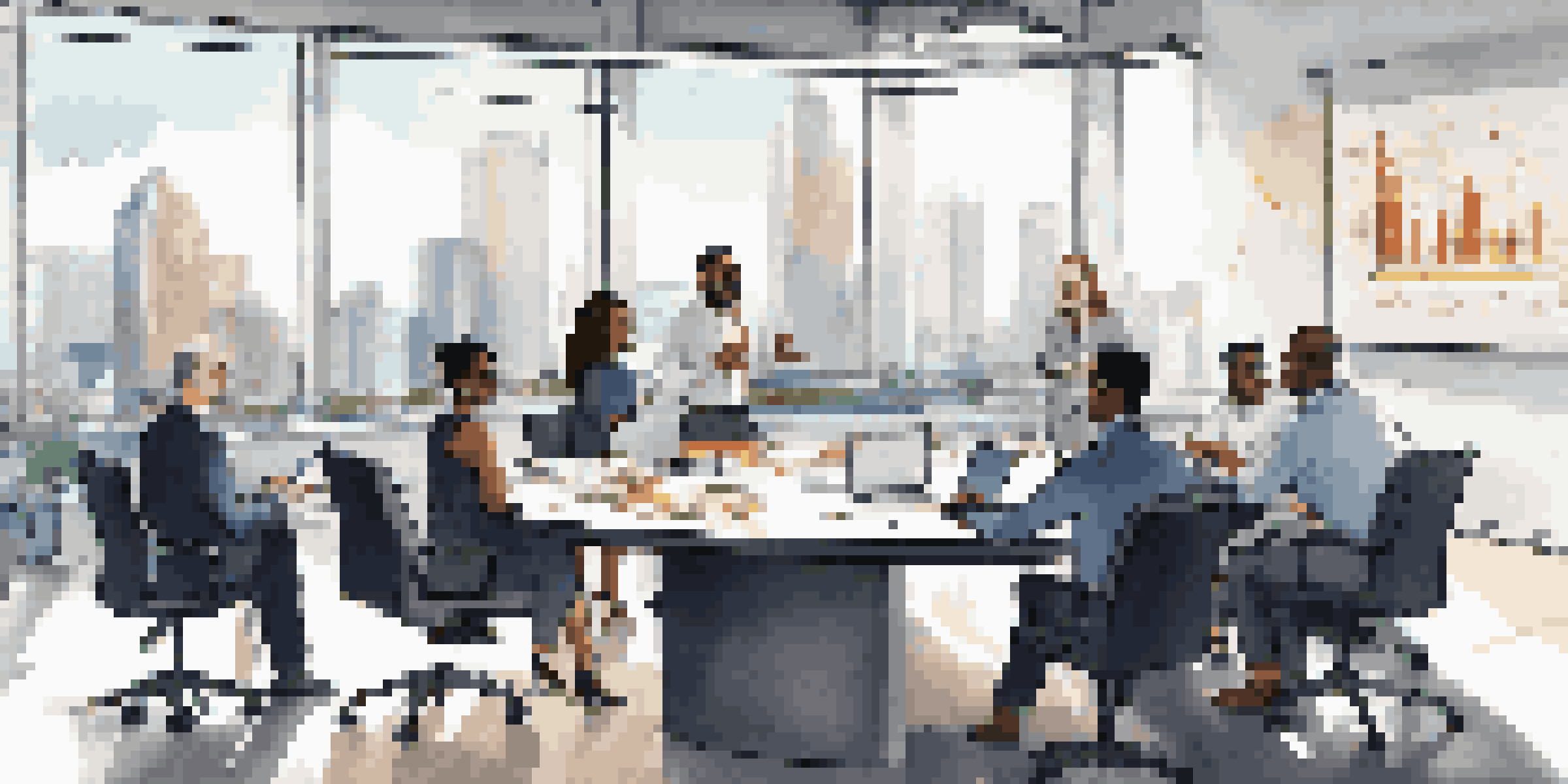 A diverse group of professionals collaborating in a financial meeting, with charts and laptops in a bright office.