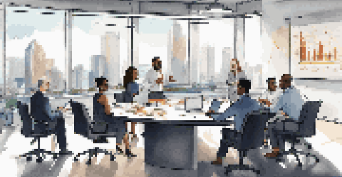 A diverse group of professionals collaborating in a financial meeting, with charts and laptops in a bright office.