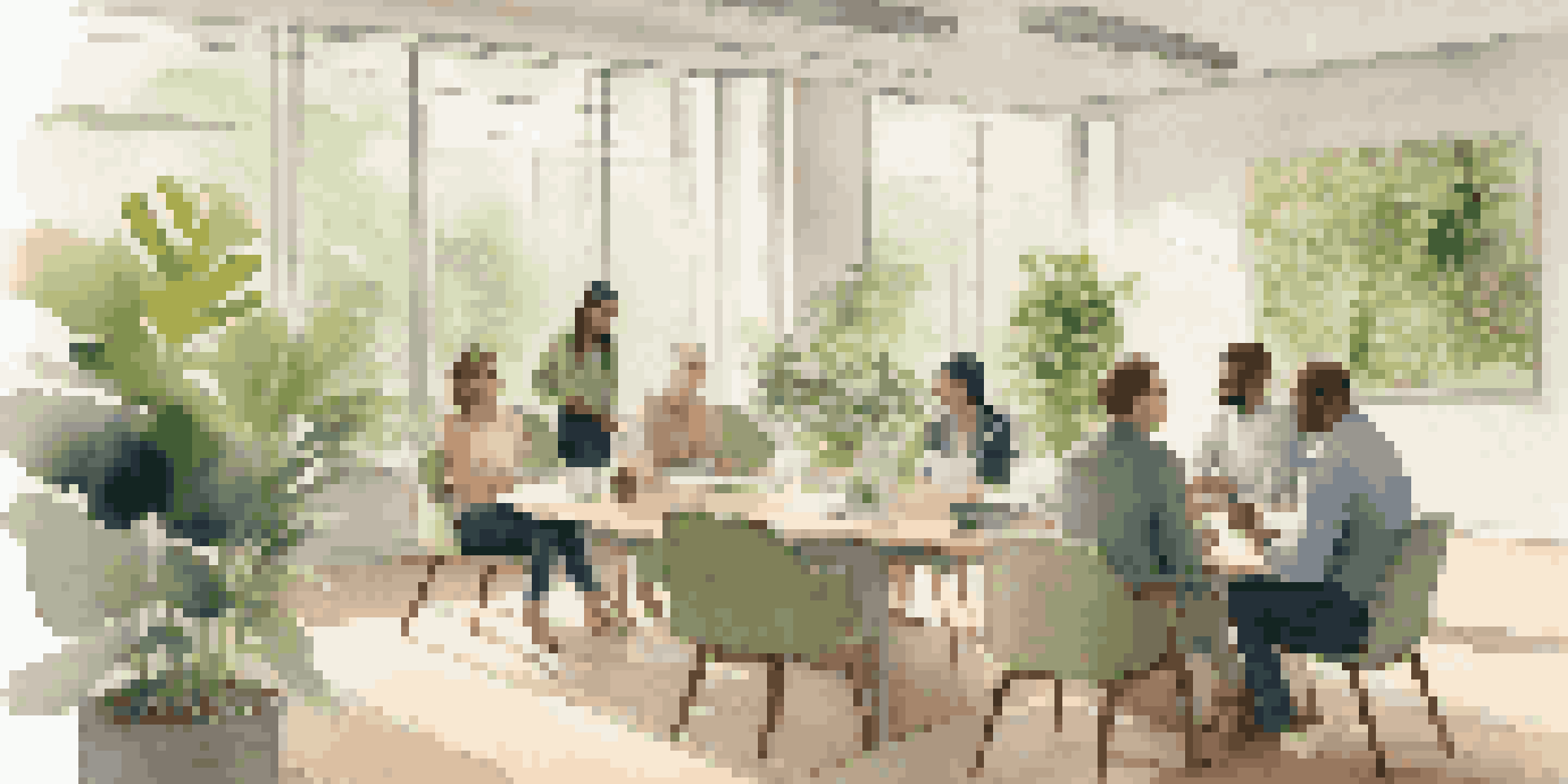 A diverse group of professionals in a bright office, engaged in a constructive feedback session, displaying open body language and attentive listening.