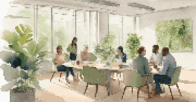 A diverse group of professionals in a bright office, engaged in a constructive feedback session, displaying open body language and attentive listening.