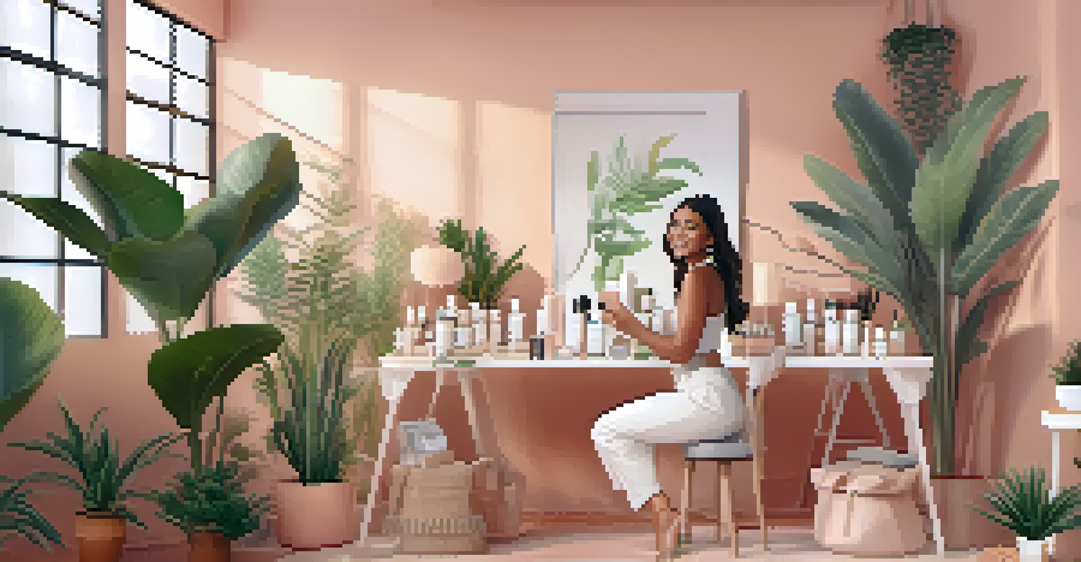 A beauty influencer applying skincare products in a bright room filled with plants, smiling at the camera, representing authentic influencer marketing.