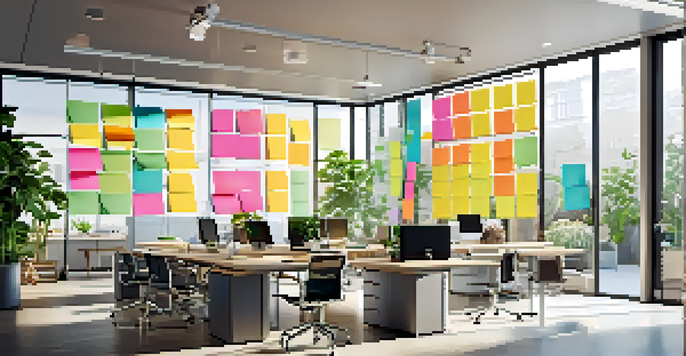 A bright and modern office with a glass wall, where a diverse team is collaborating at a table covered in sticky notes and laptops, surrounded by greenery.