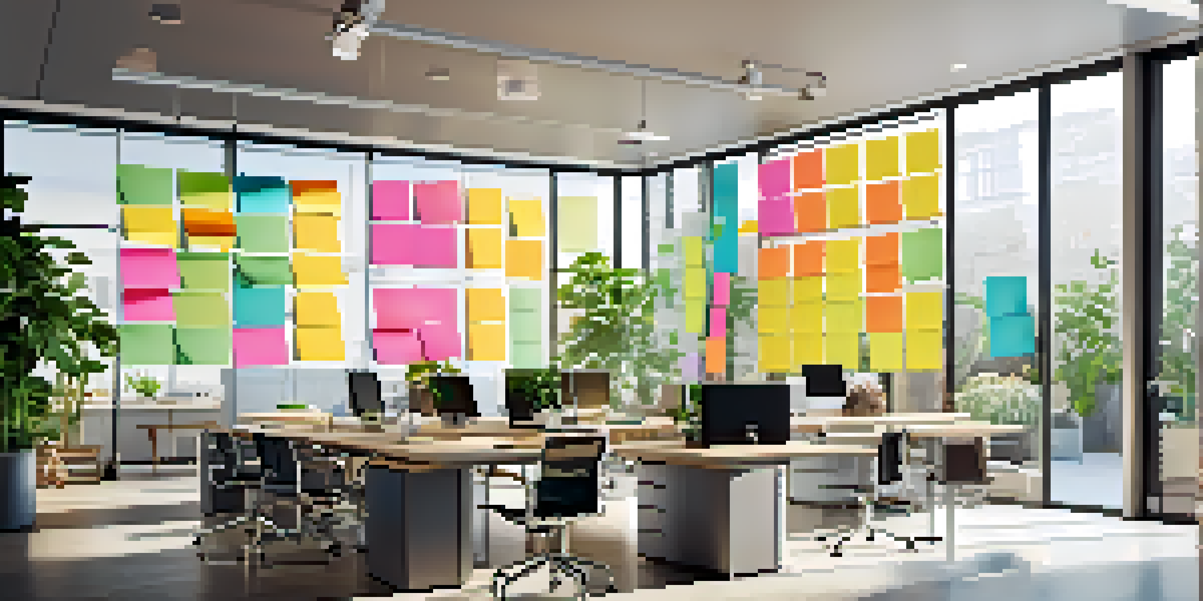 A bright and modern office with a glass wall, where a diverse team is collaborating at a table covered in sticky notes and laptops, surrounded by greenery.
