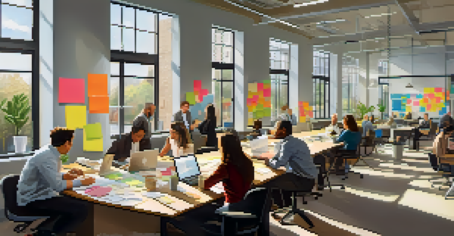 An office scene with diverse employees brainstorming around a table, surrounded by sticky notes and laptops.