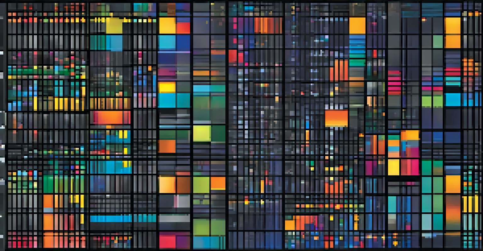 An abstract digital space with colorful charts and graphs representing data analysis, set against a dark background with a grid pattern.
