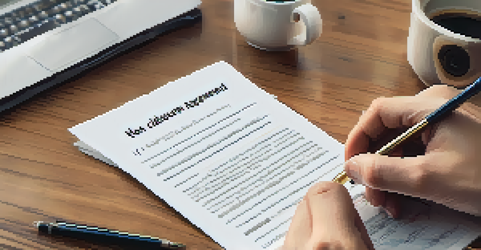A hand signing a non-disclosure agreement on a wooden table, with a fountain pen and coffee cup, illuminated by natural light.