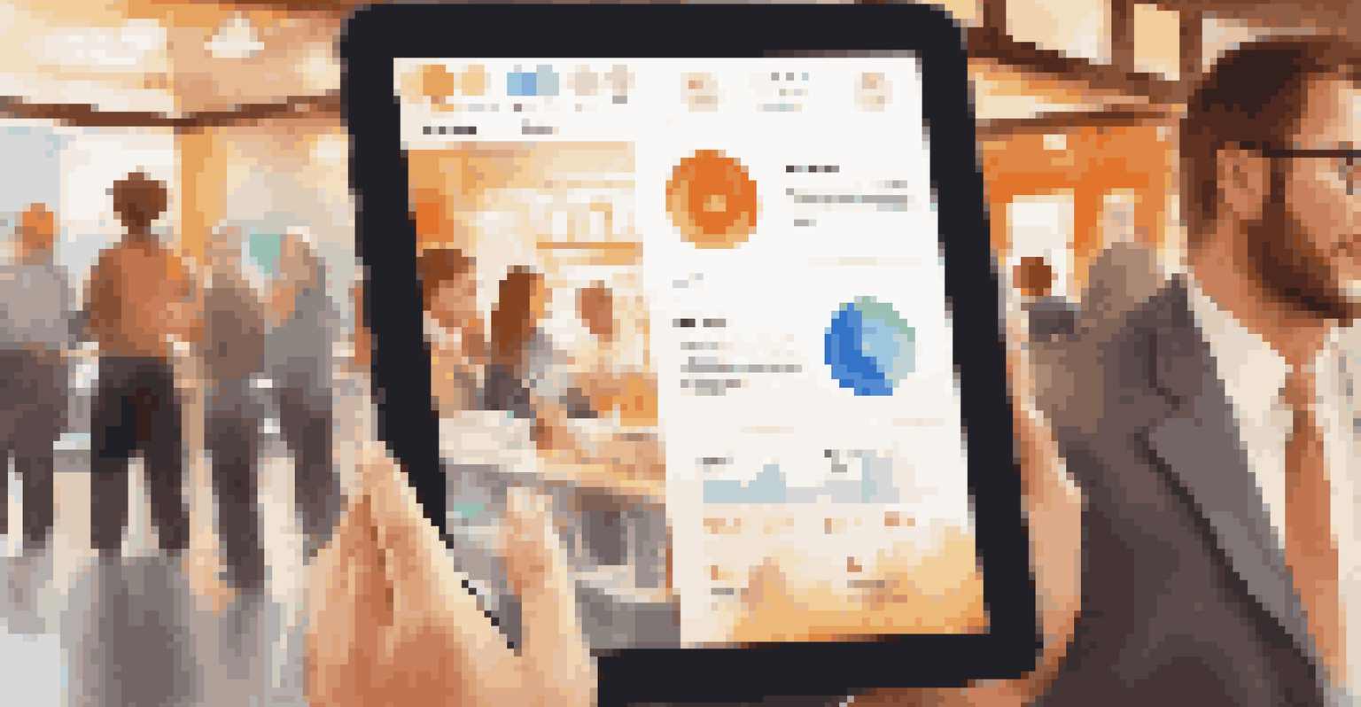 A business professional in a coffee shop using a tablet with a CRM interface displayed on the screen.