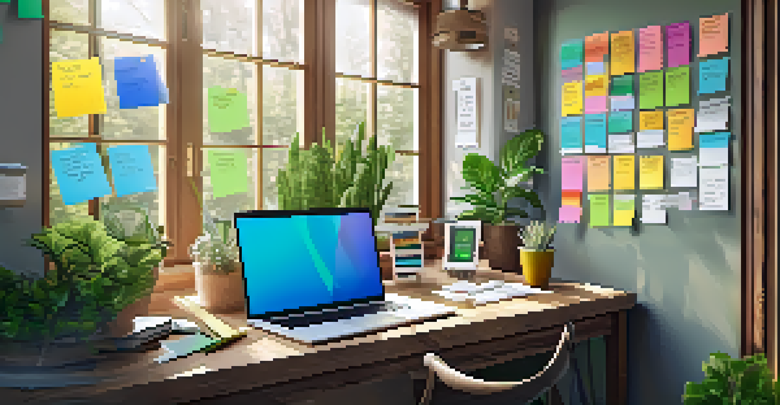 A well-organized workspace with a financial planner, motivational sticky notes, and a laptop, surrounded by plants.